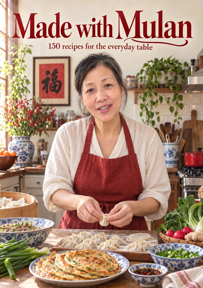 Made with Mulan cookbook cover featuring Mulan smiling in a sunlit kitchen