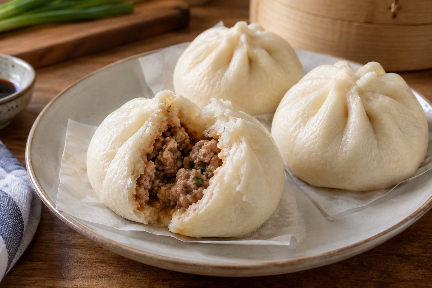 Fluffy steamed buns, one opened to show the pork filling