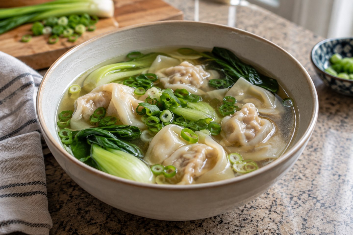Pork wontons and bok choy in a clear broth